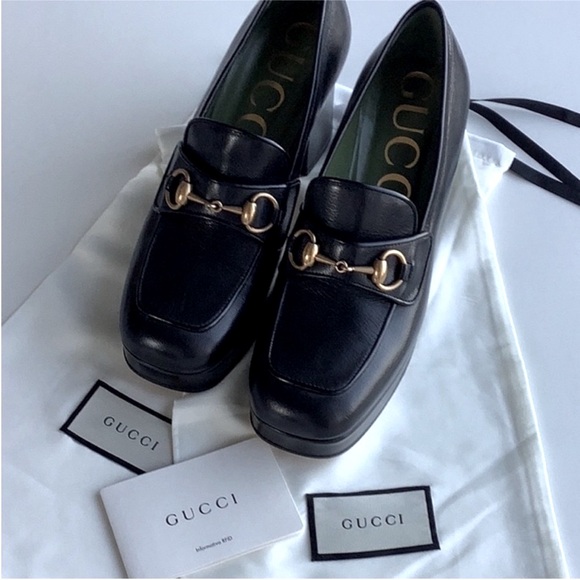 Gucci Houdan Black Leather Gold Horsebit Platform Slip On Loafers S 39 1/2 - Picture 5 of 12